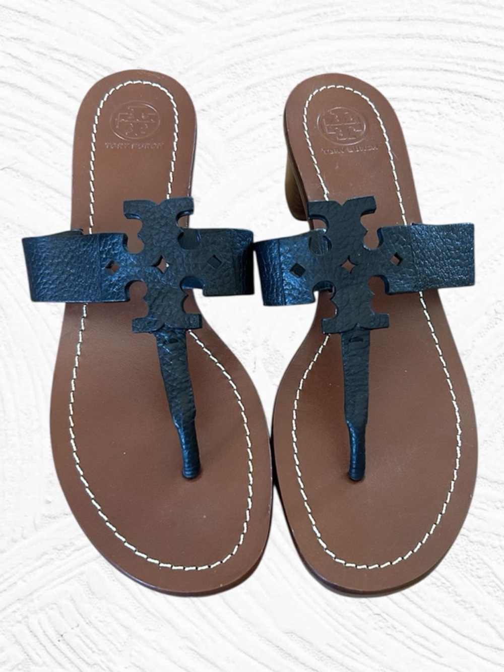 Tory Burch Black Leather Miller Thong Sandals with Brown Footbed